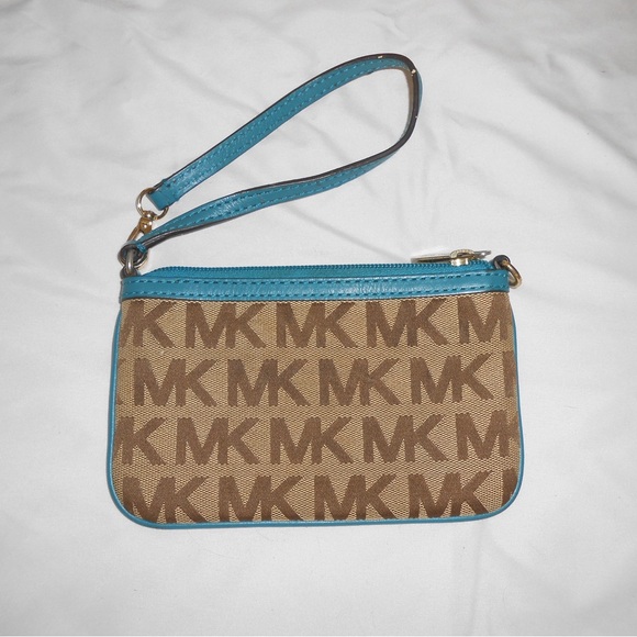 Michael Kors Handbags - Michael Kors Tan and Blue Monogram Wristlet